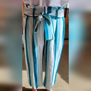 J CREW NWT $118 SIZE 8 WOMEN'S STRIPED LINEN LINED WIDE-LEG CROP PANTS W/POCKETS